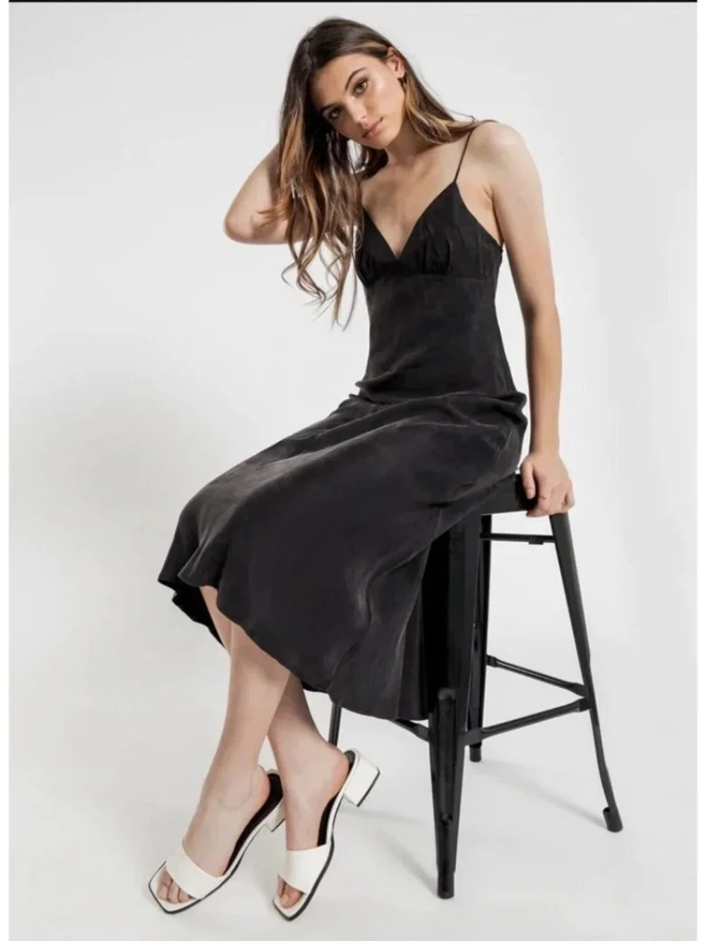 Abercrombie & Fitch Dress Size Large Petite Black Satin Slip Spaghetti Straps